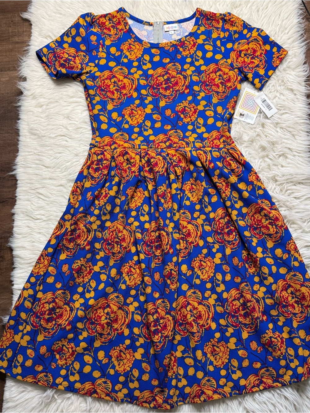 NWT Lularoe Blue and Gold Floral Pattern Amelia Dress Size Large